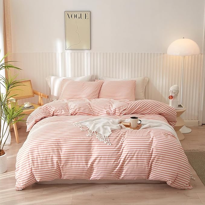Striped Comforter Set Queen Size Fluffy Soft Striped Bedding Comforter Pink White Stripes Pattern Queen Comforter for All Season Lightweight Bedding Comforter 3 Pieces Boho Stripe Comforter Set