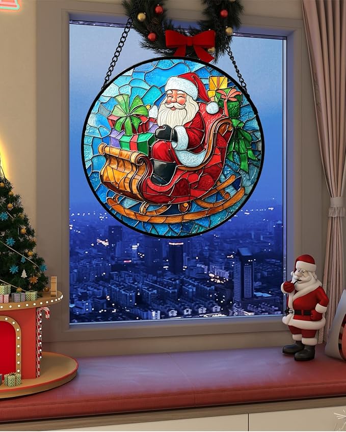 Stained Glass Window Hanging - Red Santa Claus Gift Box Suncatcher for Doors Home Christmas Decoration Winter Sun Catcher Thanksgiving New Year Birthday Gift for Women Men Mom Nana 11.8 in