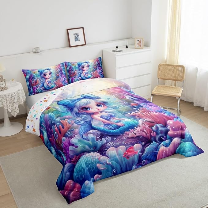 Cute Mermaid Full Size Comforter Set,Beautiful Mermaid Fairy Tale Reversible Bedding Comforters Bedroom Collection,Watercolor Coral Cartoon Undersea World Bedding Set for Girls Teens
