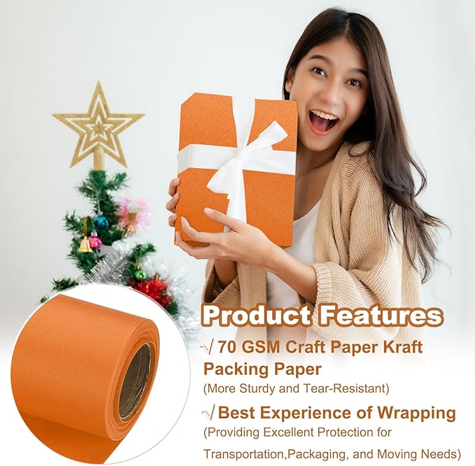 PATIKIL Wrapping Paper, 15" x 300"(25') 70 GSM Craft Paper Roll Kraft Packing Paper for Poster Bulletin Board, Gift Wrapping, Orange