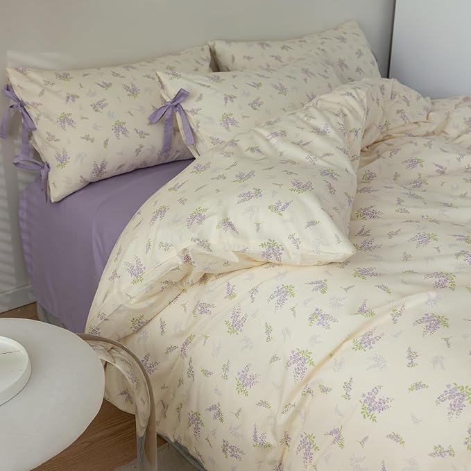 EAVD Garden Purple Floral Duvet Cover Full Girls Soft Cotton Chic Shabby Lavender Floral Print Bedding Set with 2 Pillowcases Vintage Botanical Duvet Cover with Zipper Closure