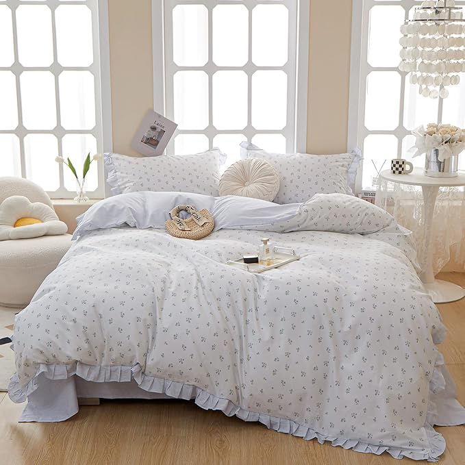 VM VOUGEMARKET Blue Floral Printed Comforter Set with Ruffle,Lightweight Reversible Romantic Girls Flower Bedding Comforter for Spring -Full Size,80"x90"