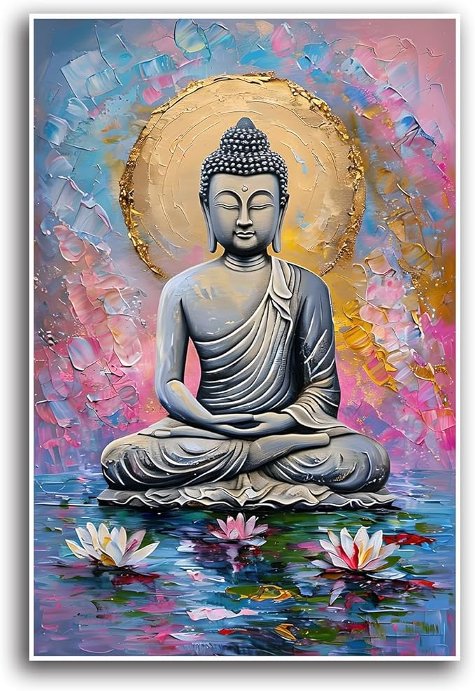 Lotus and golden Buddha meditation tranquil zen wall art mindfulness wall art for spiritual harmony and tranquility decor 16x24in Frameless