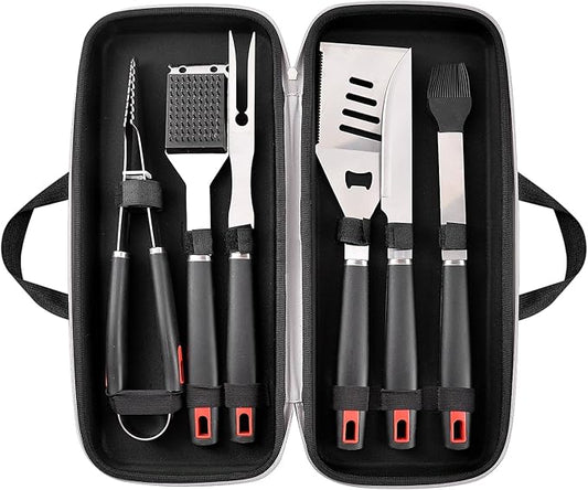 YJHOLE Grilling Accessories Set Spatula Fork Cleaning Brush Food Tongs Carving Knife Basting Brush Durable Stainless Steel BBQ Grill Tools with Extra Thick Storage Case BBQ Accessories Grill Set