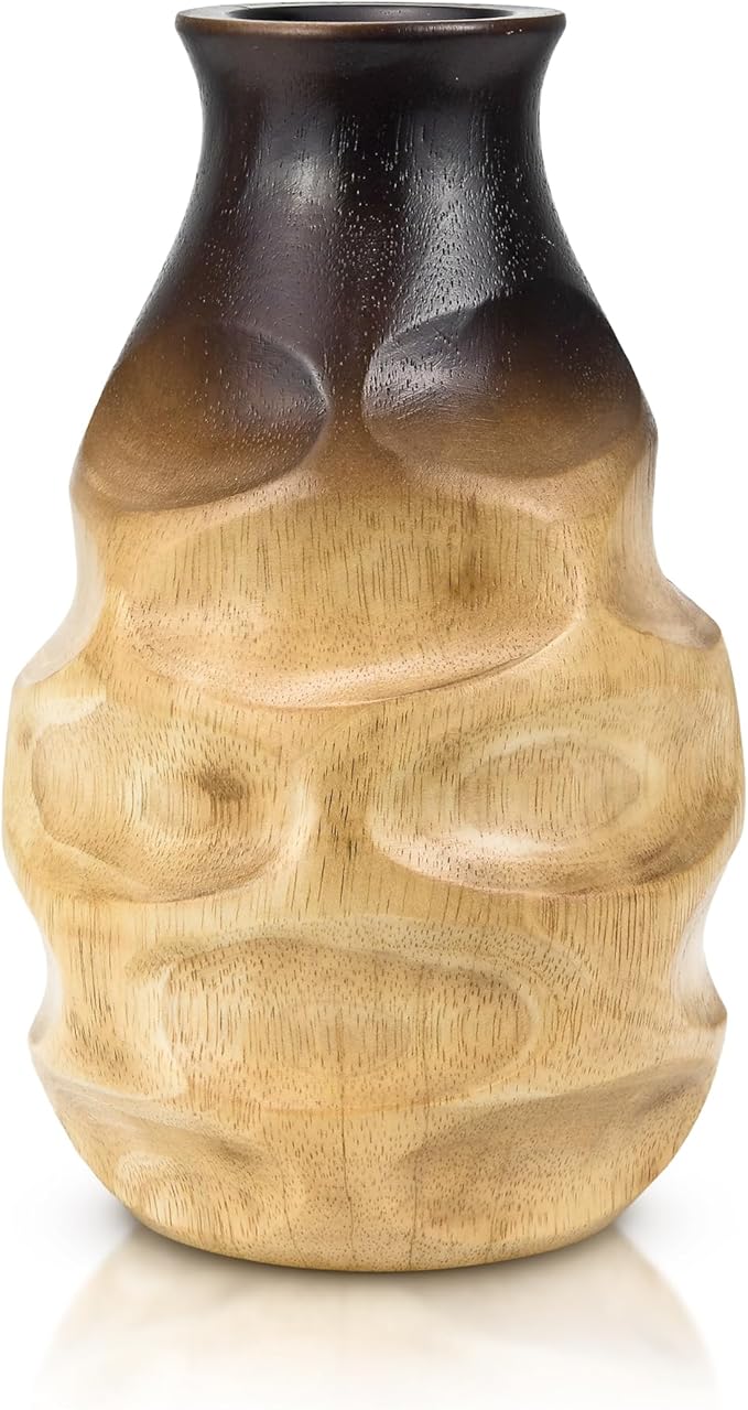 Handmade Ombre Mango Wood Vase – 8-Inch Brown Bottle-Shaped Decorative Accent – Rustic Artisan Flower Vase for Dried or Artificial Flowers – Sustainable Boho Tabletop Decor