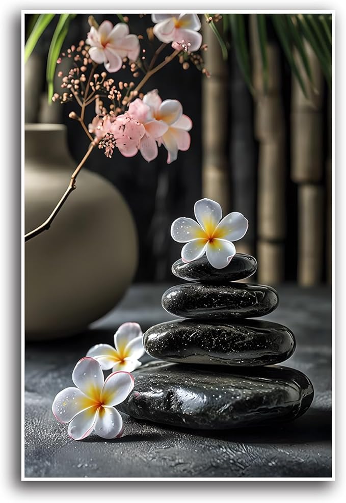 A harmonious black stone stack paired with white and pink flowers bamboo and ceramic vases creates a tranquil Zen decor for minimalist homes and mindful spaces 8x12in Frameless