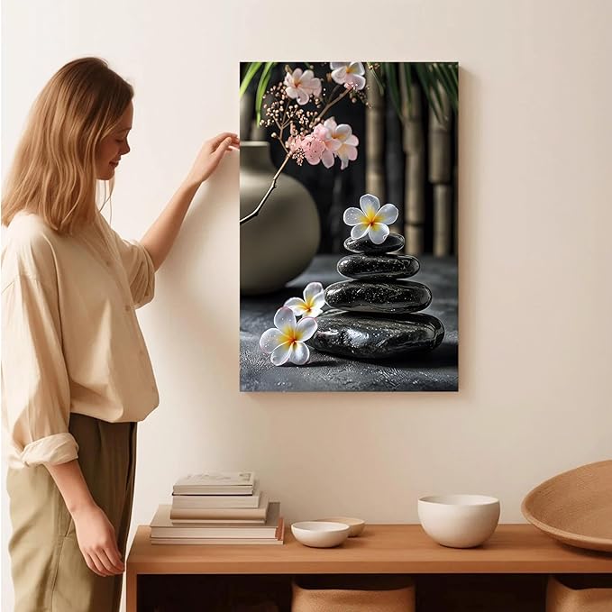 A harmonious black stone stack paired with white and pink flowers bamboo and ceramic vases creates a tranquil Zen decor for minimalist homes and mindful spaces 8x12in Wood Framed