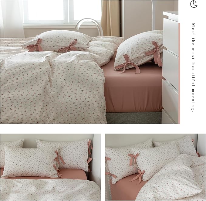 HighBuy Girl Duvet Cover Twin XL Botanical Flower Coquette Bedding Set Vintage Style Garden Floral Duvet Cover Twin XL with 2 Bowknot Bow Tie Pillowcases Soft Cotton Comforter Cover Set