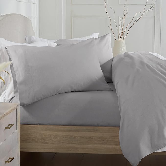 Market & Place 100% Turkish Cotton Flannel Sheet Set | 3 Piece Deep Pocket Solid Cozy Winter Bed Sheets | Double Brushed for Extra Softness & Comfort | Chalet Collection (Twin, Dark Grey)