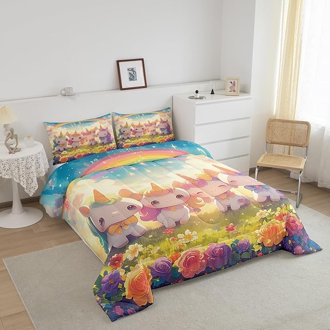 Unicorn Comforter Set Twin Size,Reversible Cute Unicorn Rainbow Cartoon Horse Animal Bedding Set for Kids Boys Men,Kawaii Style Flowers Galaxy Cloud Quilted Duvet Set with 1 Pillowcase