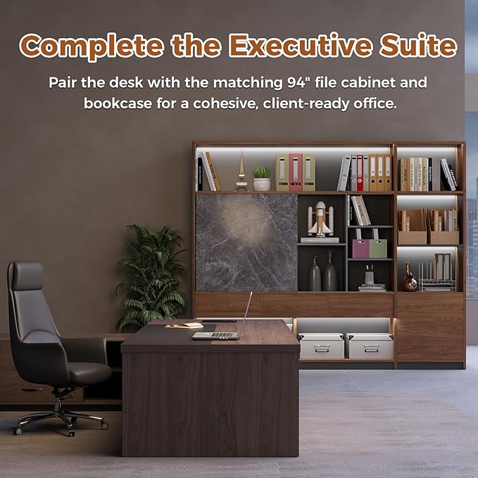 L-Shaped Executive Desk with LED Lights, Lockable Storage & 3-in-1 Charging Station, Reversible Cabinet, Modern Wood Office Desk for CEO, Manager & Home Office(Black Walnut+Khaki, 95"L*71"W*30"H)