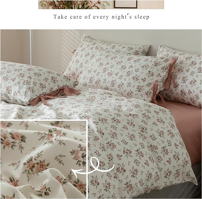 Pink White Duvet Cover Full Floral Print Blush Pink Flower Duvet Cover with 2 Bow Ties Pillowcases 100% Cotton Girls Cottagecore Bedding Set Vintage Country Botanical Floral Comforter Cover Full Size