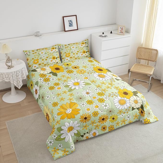 Vintage Floral Queen Size Comforter Set,Boho Spring Fresh Flowers Down Comforter Adults Bedroom Decor,Trippy Hippie Groovy Botanical Ultra Soft Microfiber Inner Fill 3Pcs Bedding