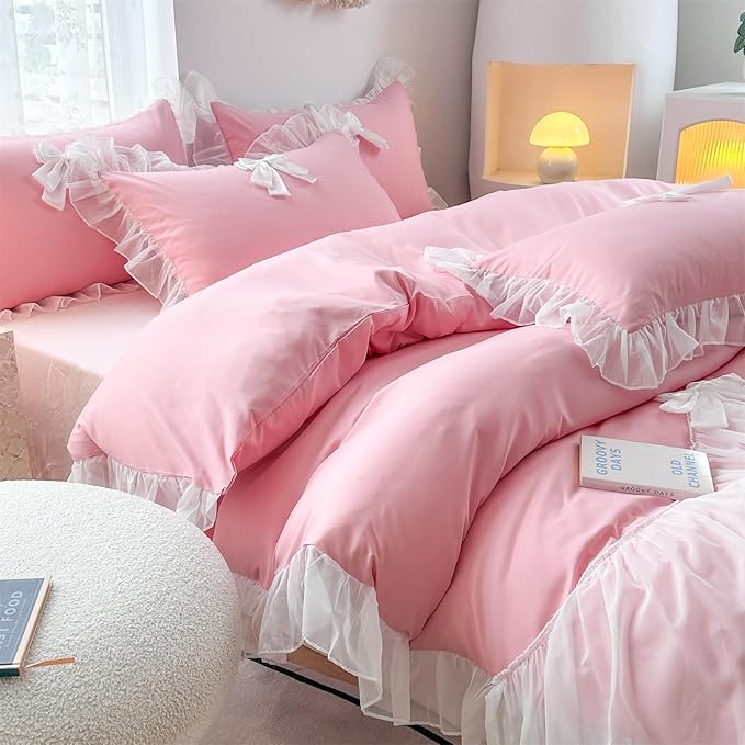 Girls Lace Bedding,Queen Comforter Cover Set, Chic Ruffled Duvet Cover with Lovely Bow,Princess Style 1 Duvet Cover with 2 Pillowcases, No Comforter-Bright Pink,Queen Size