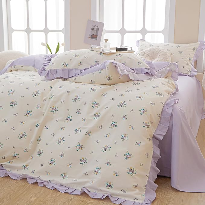 VM VOUGEMARKET Twin XL Comforter Set Twin,Garden Botanical Lavender Flower Bedding Set,Lace Ruffle Comforter and 2 Pillow Shams for Girls Women(3pcs,Twin XL)