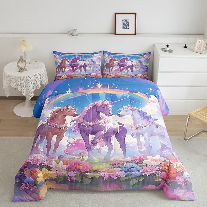 Castle Fairy Dreamy Unicorn Full Size Comforter Set,Rainbow Blue Sky Colorful Flowers Reversible Bedding Comforters Bedroom Collection,Cartoon Animal Floral Galaxy Bedding Set for Girls Teens