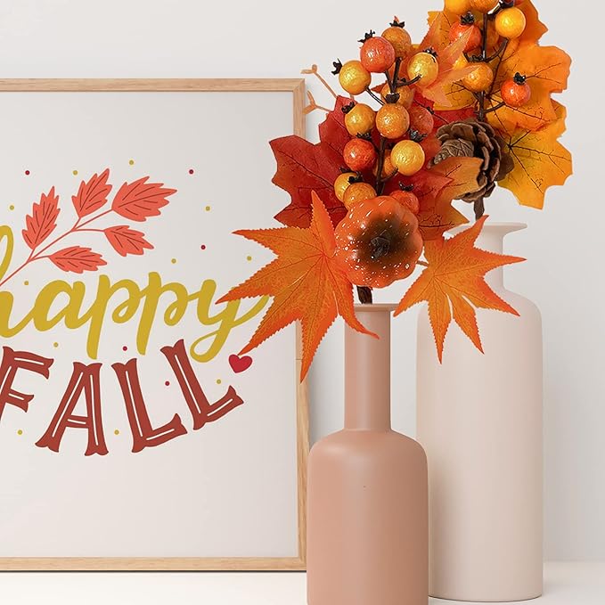 6 Pack Fall Stems Artificial Berry Picks Fall Picks with Pine Cone Maple Leaves Branches Decorations for Harvest Autumn Thanksgiving Day Flower Arrangements Wreaths Indoor Outdoor Home Decor