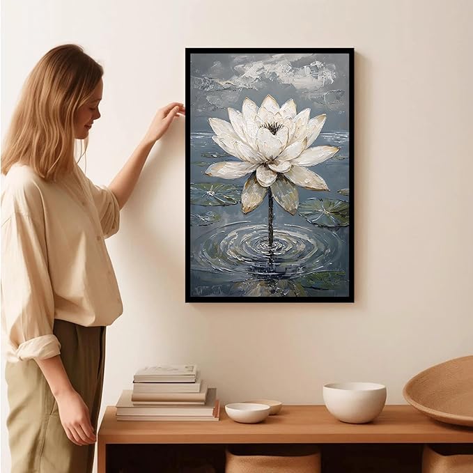 Stunning white lotus emerges from prismatic water with delicate petals background Serene aquatic wall art suitable for modern minimalist decor 24x36in Metal blackFramed