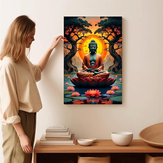 Canvas wall art Golden Buddha on lotus at sunset Ancient trees with reflections on water Serene meditation scene Uplifting wall art for mindfulness and tranquil home decor 8x12in Wood Framed