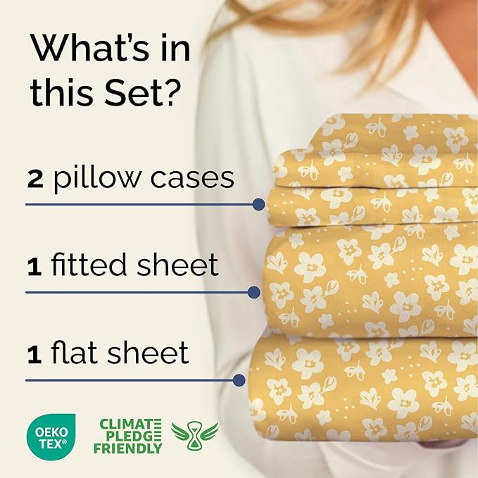 Floral Sheets - Yellow Floral Bed Sheet Set - 1 Flat, 1 Fitted & 2 Pillowcases w/ Deep Pockets - Comfy, Wrinkle & Fade Free - Boho Botanical Bedding - Ultra-Soft, Breathable & Cooling - Full Size Set