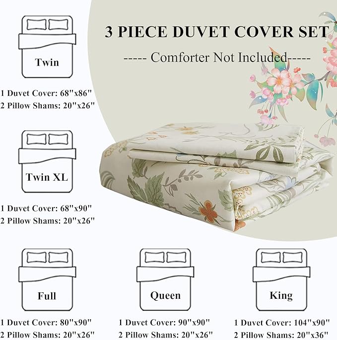 Garden Style Duvet Cover Twin Chic Floral Leaves Bedding Sets Cotton Flower Branch Comforter Cover Aesthetic White Floral Bedding Duvet Cover 1 Flower Duvet Cover 2 Pillowcases