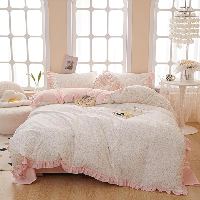 Pink Flower Comforter Set Twin XL 3 Pieces Ruffle Comforter Botanical Floral Pattern Romantic Princess Bedding Comforter Set with 2 Pillowcases Soft Fluffy Cottagecore Bedding Set for Teen Girls