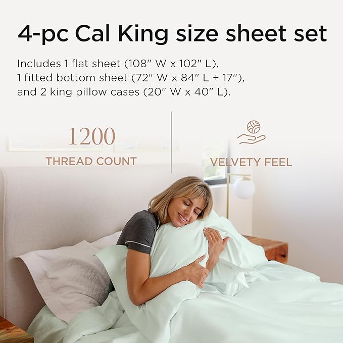 Threadmill California King Sheets, Certified American Supima Cotton Sheets, 1200 Thread Count Hotel Quality, 4 Piece Luxury Bed Sheets Set with Elasticized Extra Deep Pocket, Seaglass