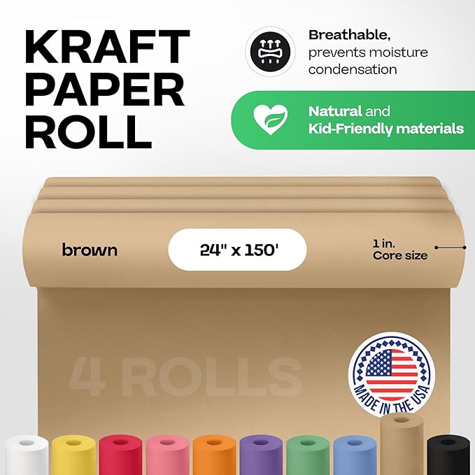 Brown Paper Roll 24" x 1800" (150 feet), Pack of 4 - USA-Made Brown Packing Paper 50lb Thickness for Moving, Shipping, Crafts/Arts - 100% Recycled Natural Wrapping Material by IDL Packaging