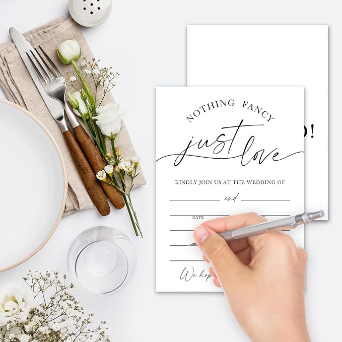 Minimalism White Wedding Invitations, 5"x 7" Nothing Fancy Just Love Wedding Invites Card With Envelopes, 25 PCS for Party Decorations and Supplies - A11