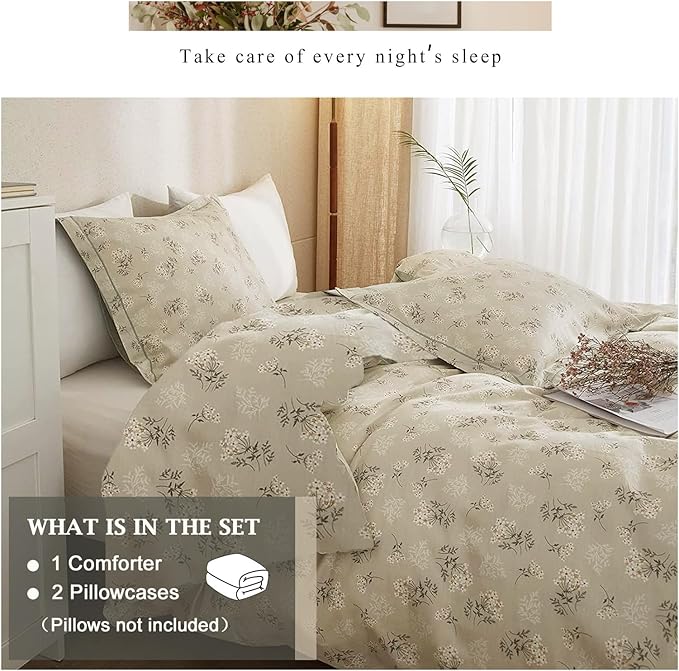 Beige Comforter Set Queen Garden Flower Comforter with 2 Pillow Shams Aesthetic Botanical Bedding Set Boho Floral Comforter Set 90x90 Inch