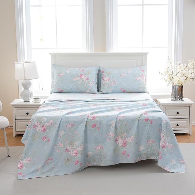 Zusbest Blue Floral Sheets Set California King 100% Cotton Pink Flowers Bed Sheet Shabby Vintage Chic Bedding Romantic Pastoral Original Design Soft Luxury Deep Pocket Fitted Sheet 17.5'', 4 Pcs