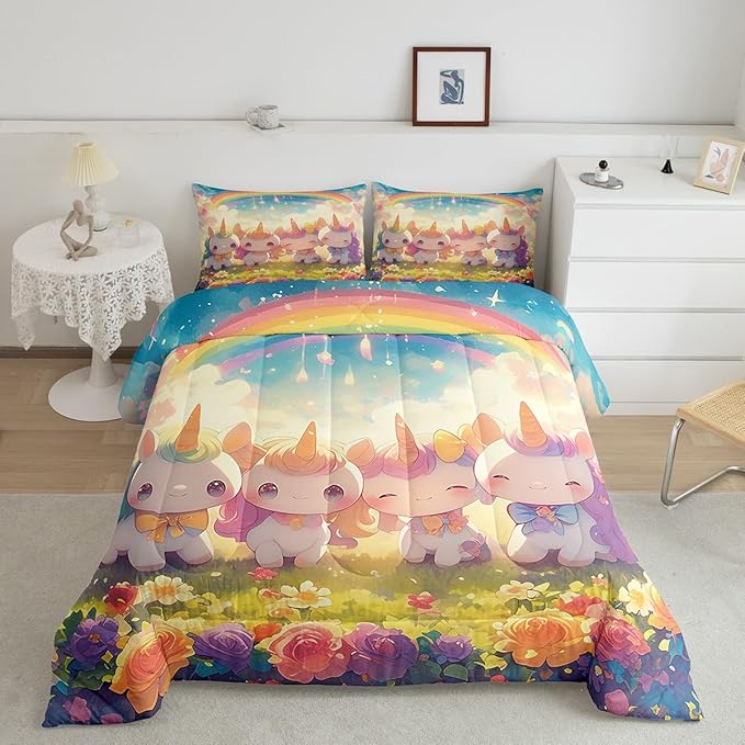 Unicorn Full Size Comforter Set,Reversible Cute Unicorn Rainbow Cartoon Horse Animal Bedding Comforters Bedroom Collection,Kawaii Style Flowers Galaxy Cloud Bedding Set for Girls Teens