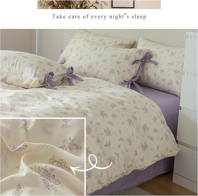 EAVD Garden Purple Floral Duvet Cover Full Girls Soft Cotton Chic Shabby Lavender Floral Print Bedding Set with 2 Pillowcases Vintage Botanical Duvet Cover with Zipper Closure