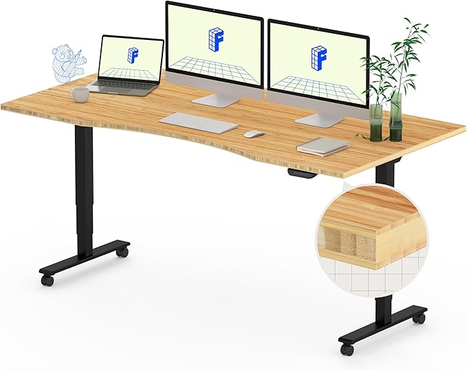 FLEXISPOT E6 MAX Bamboo Dual Motor 3 Stages Standing Desk 60x30 Inch Whole-Piece Board Electric Height Adjustable Stand Up Desk 150KG Load Capacity(Black Frame + Bamboo Curved Desktop)