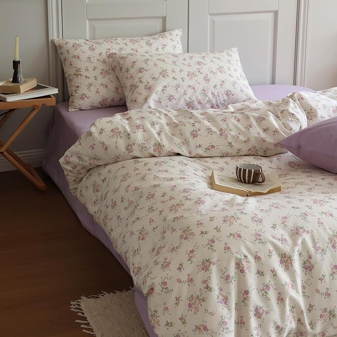LifeTB Pink Floral Duvet Cover Set Full Soft Cotton Cute Pink Flower Duvet Cover with 2 Pillowcases Garden Floral Girls Cottagecore Bedding Set Flower Botanical Vintage Country Comforter Cover Full