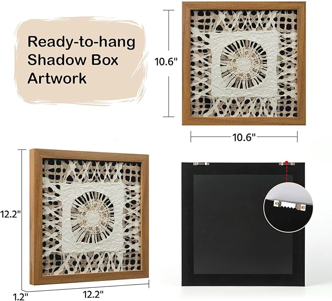 FOLKOR Boho Wall Art Living Room Decor, 12" Abstract Framed Artwork, Handmade Rice Paper Shadow Box Wall Hanging Sculpture for Contemporary Home Office Bedroom Coffee Shop