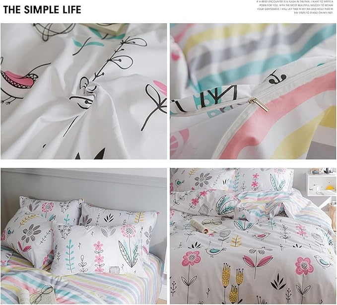 Boho Floral Duvet Cover Full Girls Floral Print Bedding Sets Garden Style Aesthetic Duvet Cover Cotton Floral Comforter Cover Kids Girls Kawaii Bedding Collections Birds Flower Comforter Cover Full