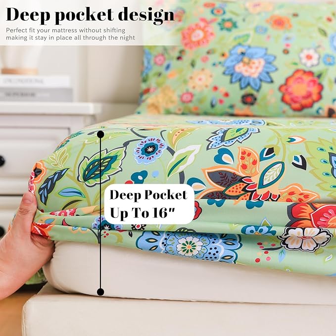 Bedlifes Full Sheet Set Ultra Soft, Breathable, Silky Flower Deep Pocket 100% Microfiber Bedding, 4 Piece Full Size with Floral Sage Green