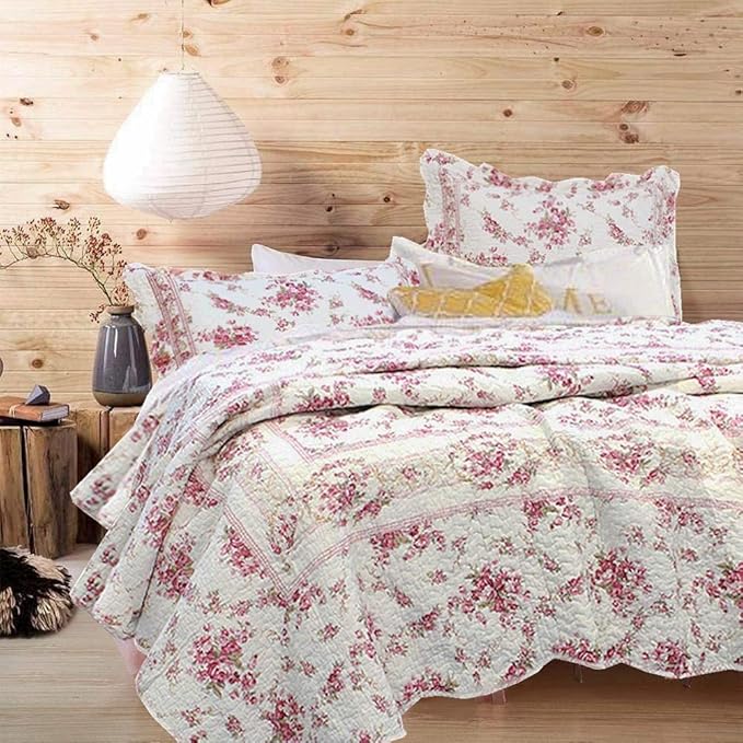 Cozy Line Home Fashions 100% Cotton Quilt Bedding Set, Pink Floral Reversible Coverlet Bedspread (Vintage Rose, Queen - 3 Piece)