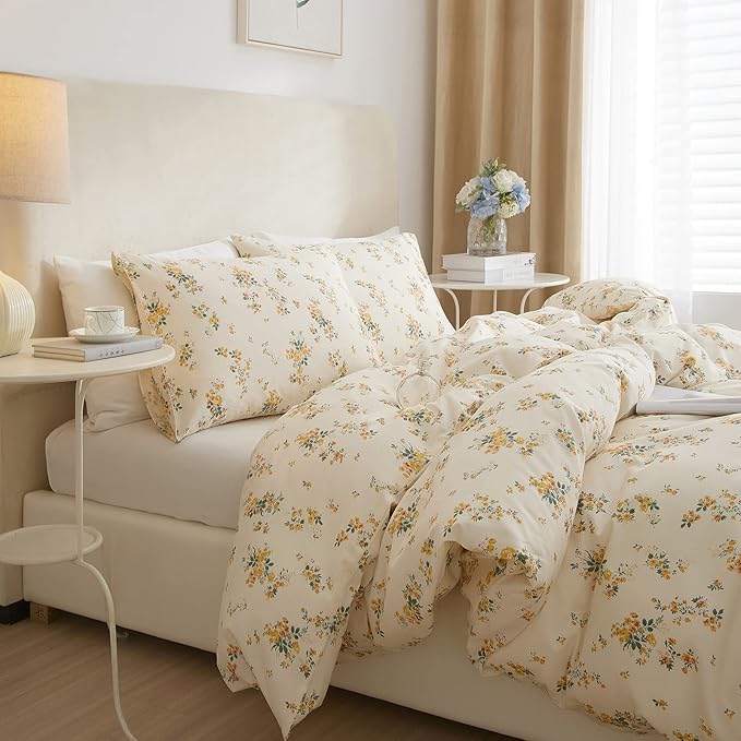 EAVD Chic Fresh Floral Duvet Cover Twin XL Soft Cotton Reversible Garden Yellow Floral Bedding Set with 2 Pillowcases Cottagecore Botanical Duvet Cover with Zipper Clsoure