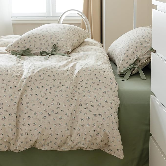 EAVD Girl Floral Duvet Cover Twin Soft 100% Cotton Chic Shabby Small Cute Floral Bedding Set with 2 Pillowcases Reversible Vintage Style Botanical Comforter Cover with Zipper Closure