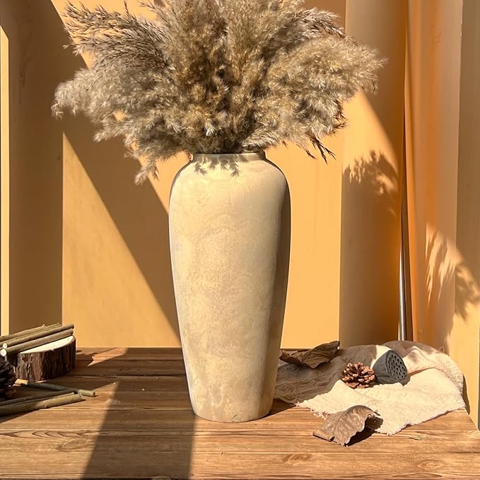 15 Inch Farmhouse Decor Ceramic Rustic Vase,Beige Handmade Flower Vases for Centerpieces,Pottery Vase for Living Room,Kitchen & Bedroom Decor,Vintage Ceramic Vases for Wedding