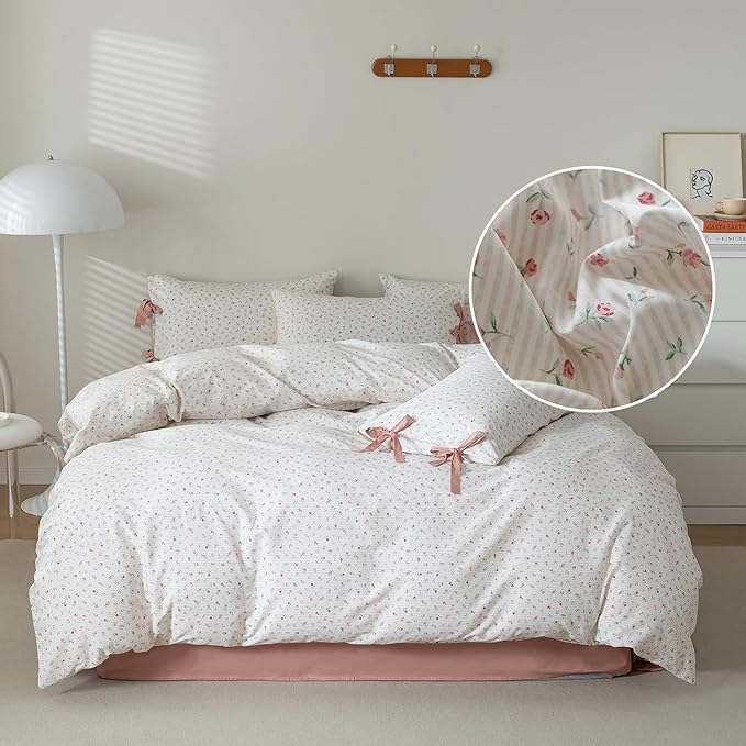 Floral Print Bedding Duvet Cover Twin XL Pink Flower Duvet Cover Cotton Floral Botanical Comforter Cover Girls Cottagecore Bedding Set Vintage Country Comforter Cover with 2 Bowknot Pillowcases