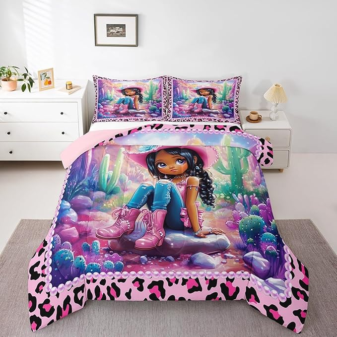 Western Cowgirl Comforter Set Queen Size,Reversible Cute Girl Cactus American Style Bedding Set for Women Adult,African Pink Leopard Print Plaid Black Luxury Bed Duvet Insert, 2 Pillowcases