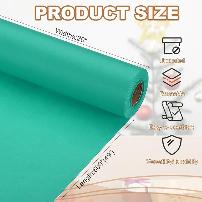 PATIKIL Wrapping Paper, 20" x 600"(49') 70 GSM Craft Paper Roll Kraft Packing Paper for Poster Bulletin Board, Gift Wrapping, Grass Green