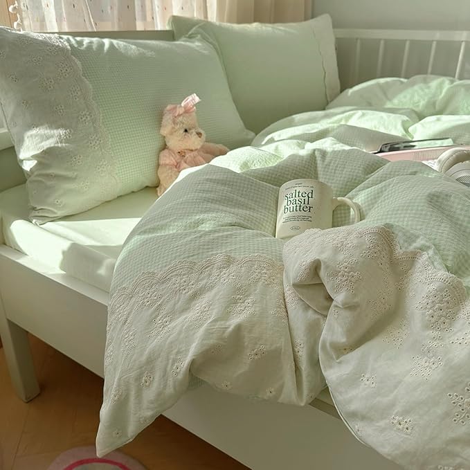 LifeTB Green Gingham Duvet Cover Twin XL 3 Pieces Romantic Lace Duvet Cover Soft Washed Microfiber Green Grid Plaid Comforter Cover with 2 Pillowcases Farmhouse Checkered Gingham Bedding Set