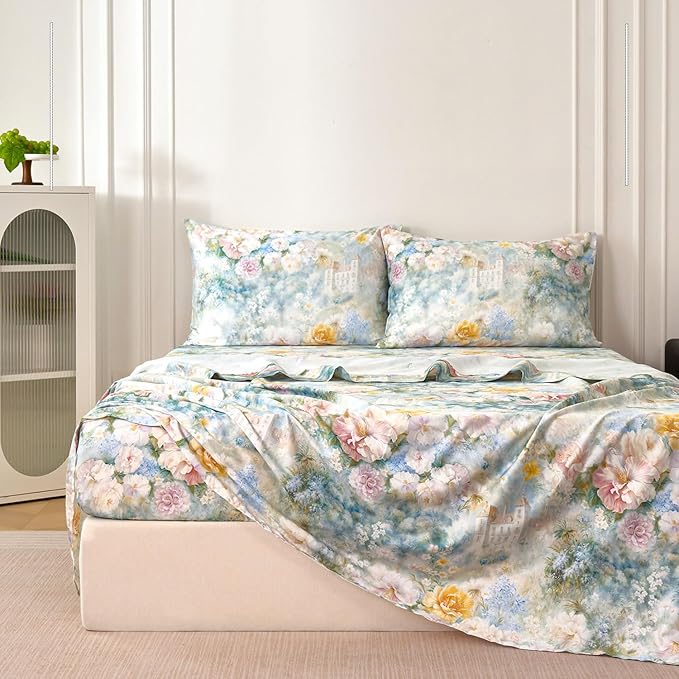 Zusbest Queen Sheet Set Luxury Floral Bed Sheets 100% Cotton, Satin Weave Soft Breathable for Hot Sleepers Romantic Peony Flowery Printed Cottagecore Bedding Deep Pocket Fitted Sheet 17.5‘', 4Pcs