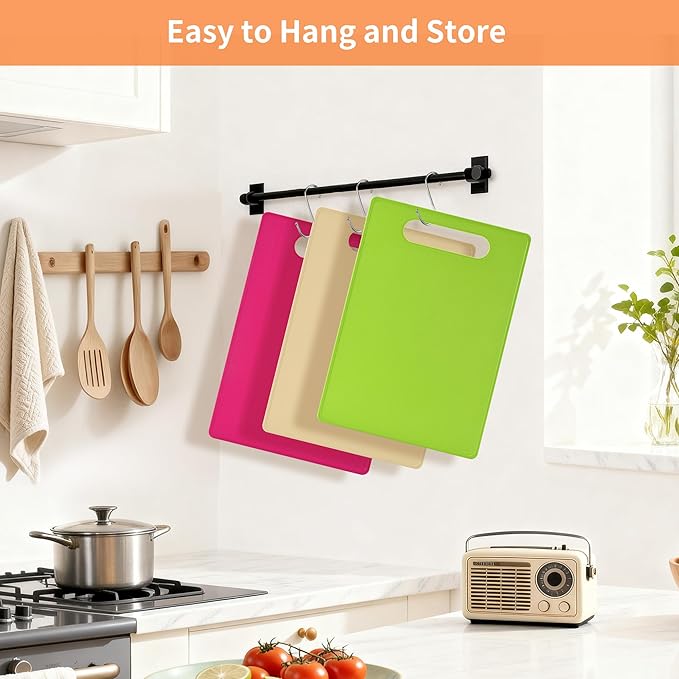 Cutting Board Set of 4, 11.4" x 7.5" x 0.1", Red Green Yellow White, Plastic Kitchen Cutting Boards with Juice Groove & Handle Hole, Lightweight & Dishwasher Safe