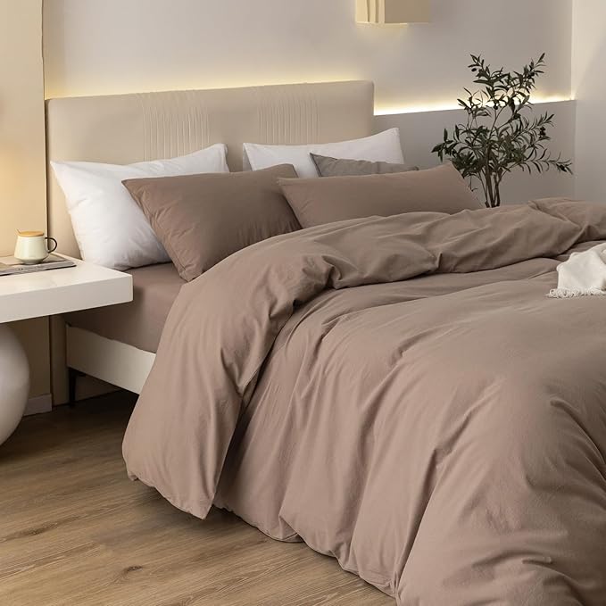 JIYUAN 100% Washed Cotton Duvet Cover Set 3 Pieces Queen, 1 Duvet Cover 90x90 Inches(Comforter Not Included) and 2 Pillowcases,Linen Feel Bedding Set Comfy and Breathable,Light Brown