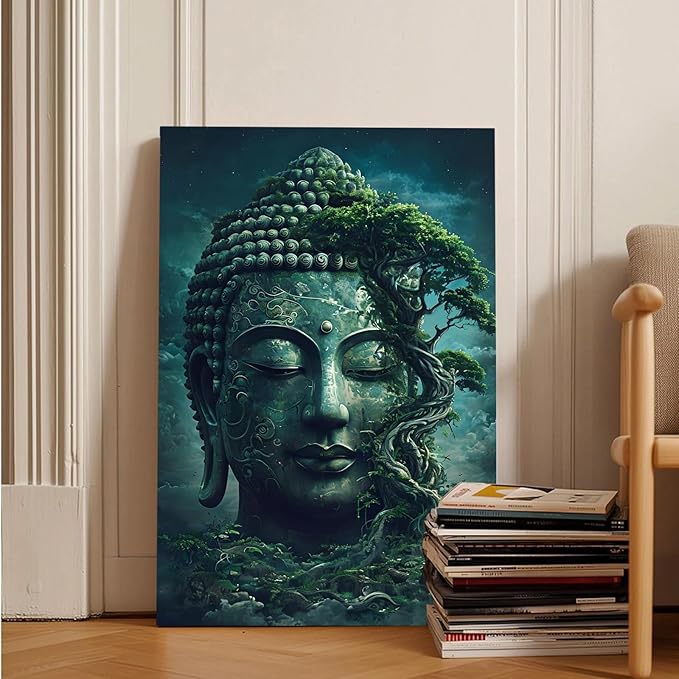 Buddha statue wall art canvas wall decor aesthetic picture mystical nature art for tranquil home and spiritual space 12x18in Frameless